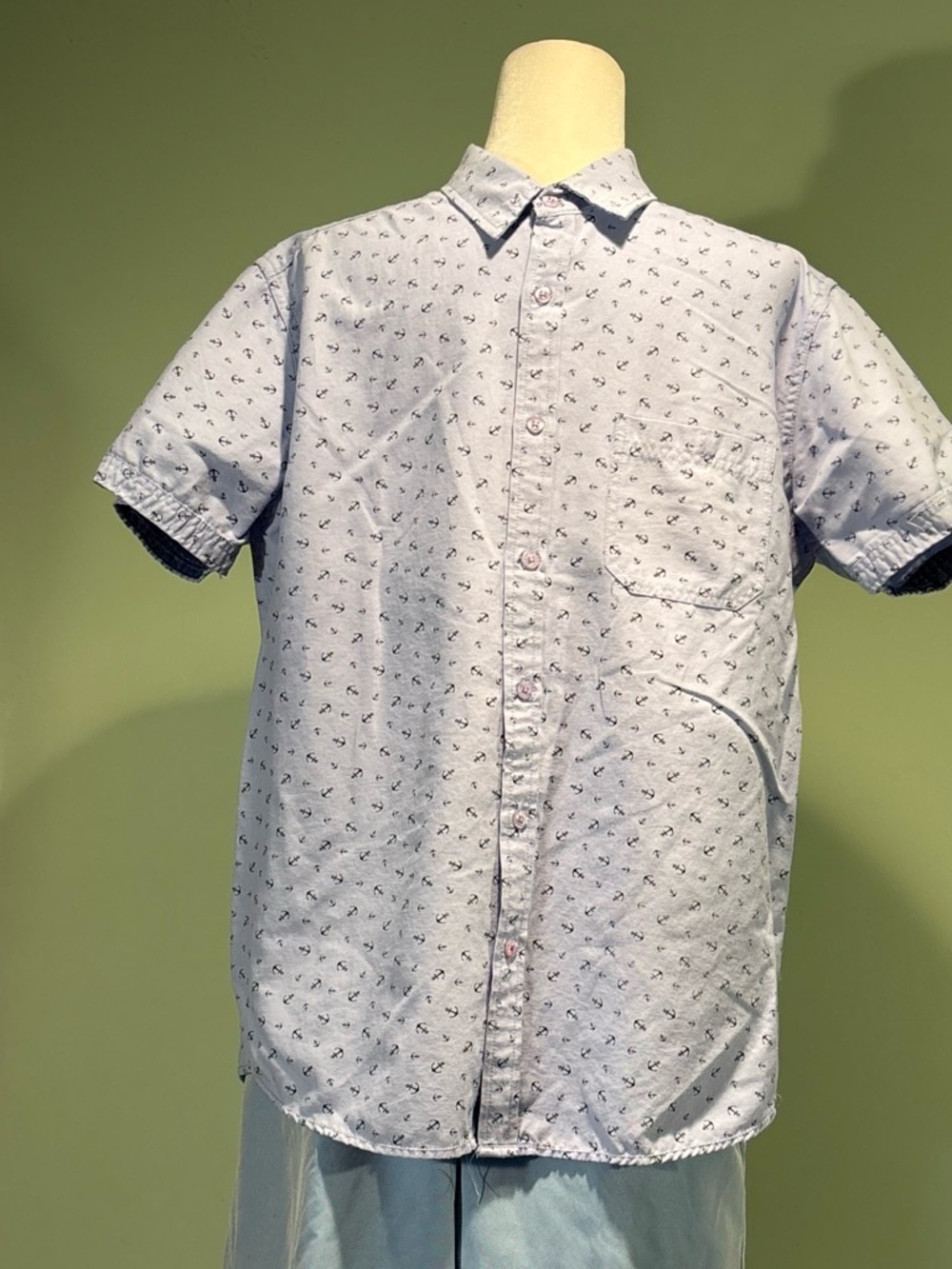 Mens Free Planet Light Blue Short-Sleeve nautical print Button-Up Shirt size L